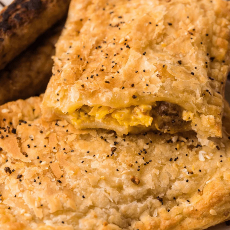 Freshly baked breakfast egg tarts cooling with soft scrambled egg and cheese center