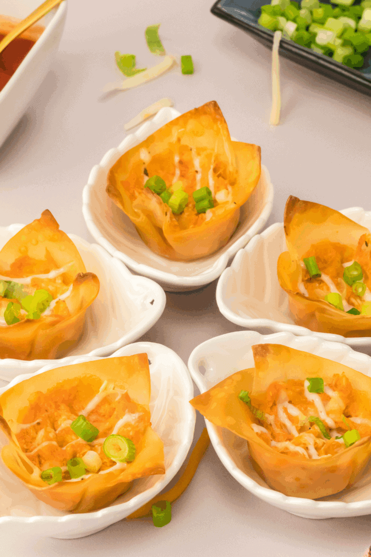 Golden, crispy air fryer buffalo chicken wontons served on a plate with a side of ranch dressing for dipping.