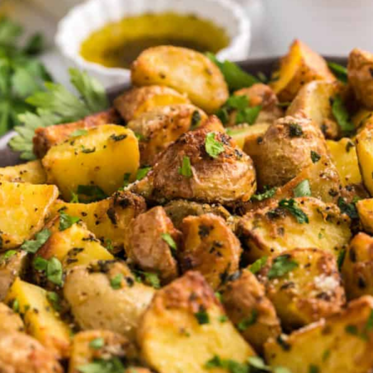 Finished Air Fryer Greek Potatoes served in a bowl, garnished with fresh herbs.