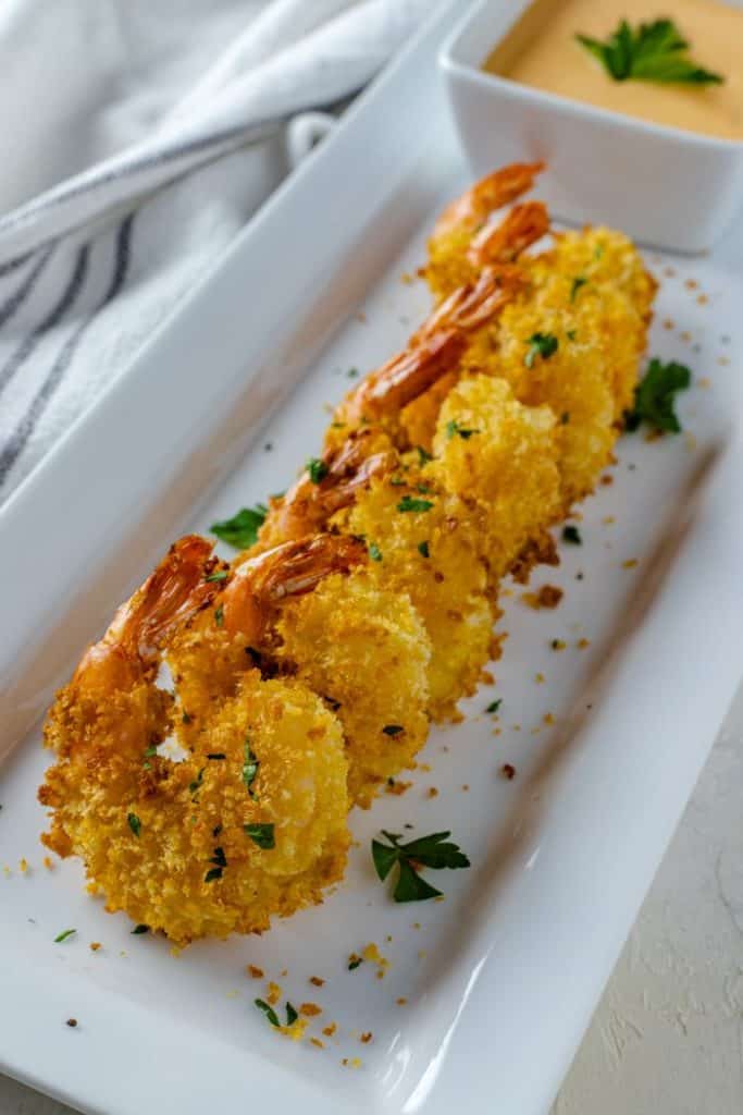Bang Bang Shrimp Air Fryer Recipe on Plate with sauce on side