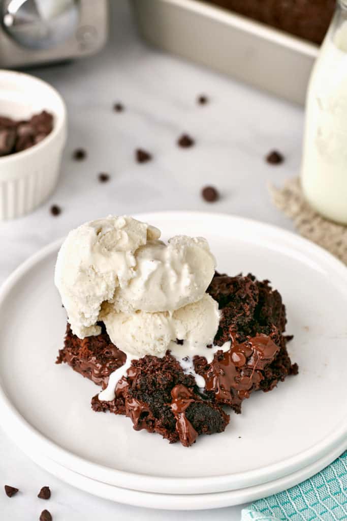 Air Fryer Dump Cake Chocolate on Plate with ice cream on top