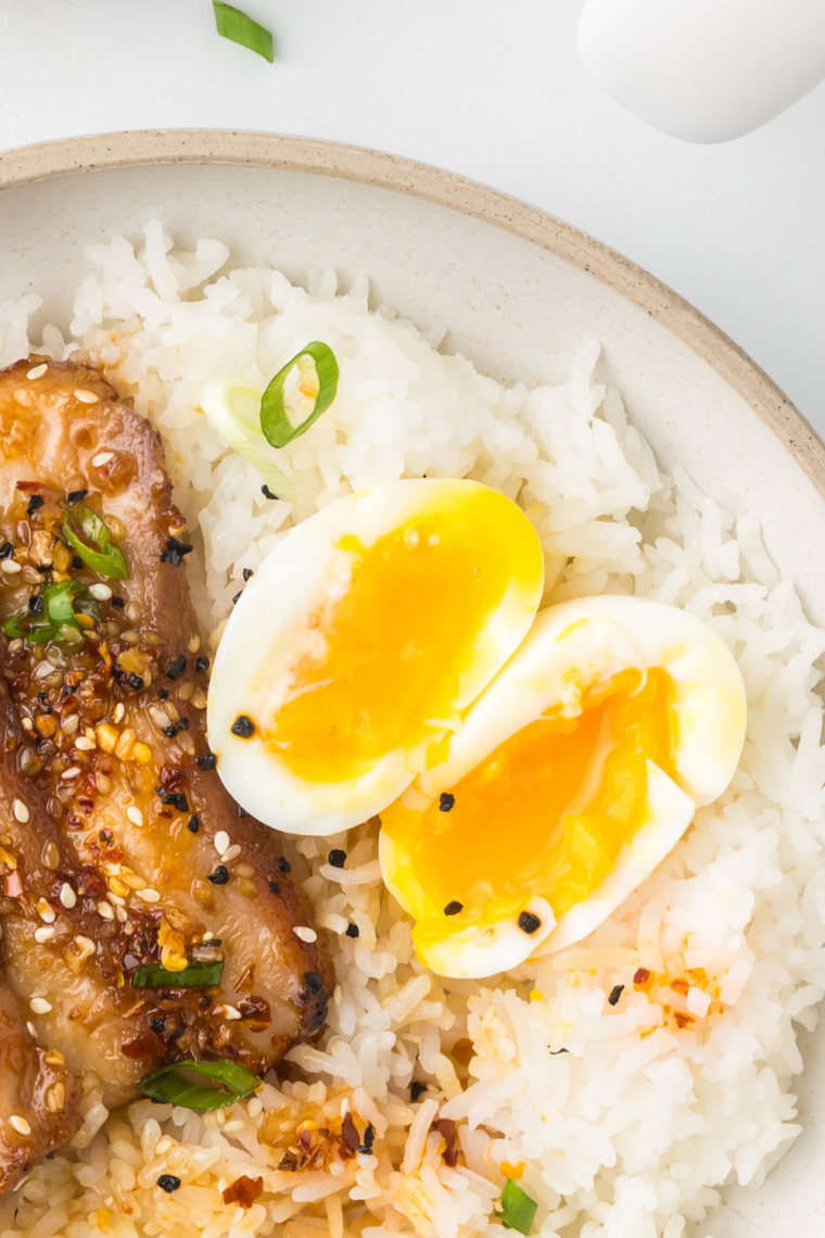 Jammy eggs made in air fryer with tender whites and silky custard style yolks for simple healthy breakfast option