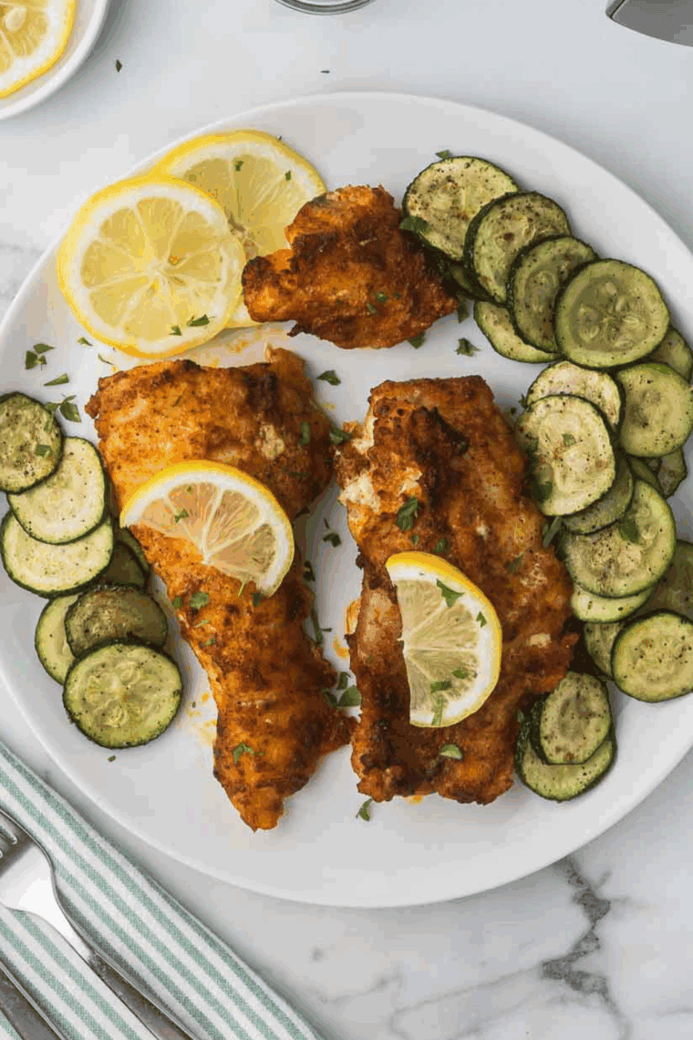 Golden brown zucchini slices seasoned with zaatar, cooked perfectly in the air fryer.