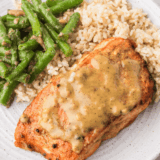 Homemade Cheesecake Factory miso salmon with sweet miso glaze and rice.