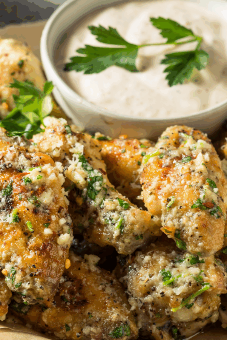 Crispy air fryer garlic parmesan wings on a plate, topped with melted butter and shredded Parmesan cheese.