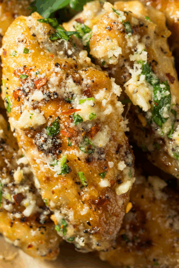 Homemade air fryer garlic Parmesan wings coated in buttery garlic sauce and topped with shredded cheese on a serving plate.