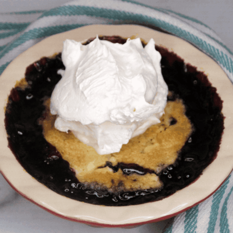Air Fryer Blueberry Dump Cake with golden, crispy cake topping and bubbling blueberry filling in a ramekin