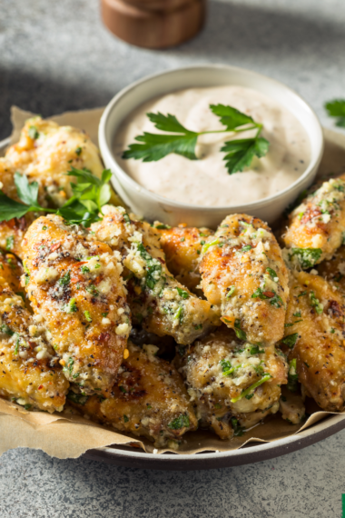 Keto Air Fryer Garlic Parmesan Wings are perfectly crispy and packed with rich, buttery parmesan and garlic flavor, all while containing just 2 net carbs per serving.