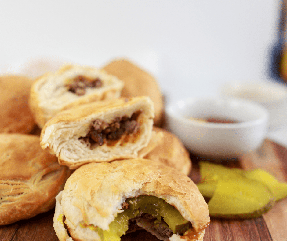 several air fryer cheeseburger bombs with the centers showing