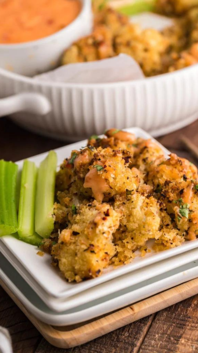 Crispy golden cauliflower coming out of the air fryer, perfectly cooked.