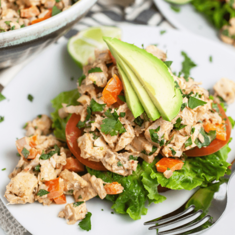 Colorful Air Fryer Southwestern Chicken Salad with grilled chicken, black beans, corn, and avocado.