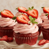 Air fryer strawberry cupcakes topped with pink cream cheese frosting and a fresh strawberry slice.