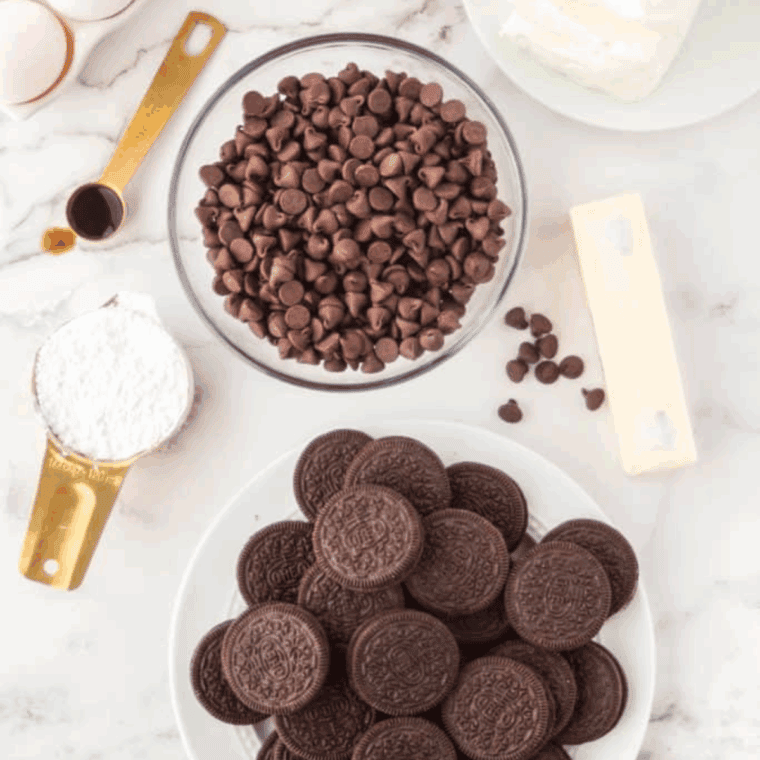 Copycat Cheesecake Factory Godiva Chocolate Cheesecake  Ingredients on kitchen table. 