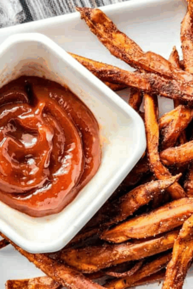 Golden crispy sweet potato fries served with dip, Applebee’s copycat style.
