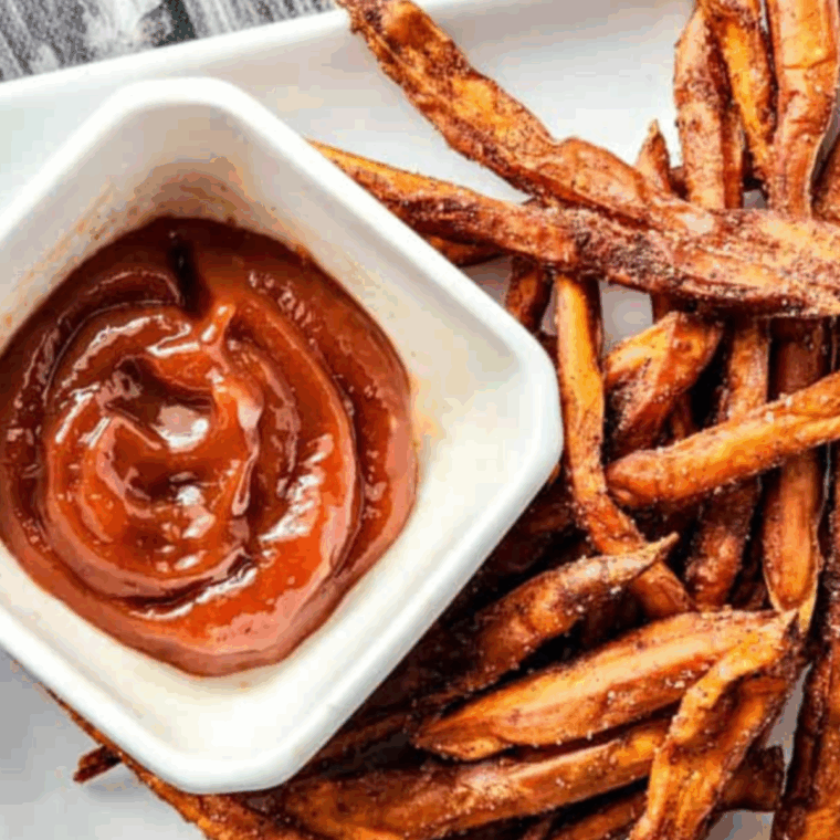 Air fryer sweet potato fries served golden and crispy like Applebee’s.