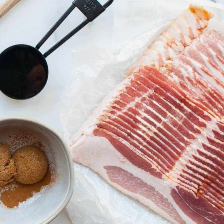 Ingredients needed for Air Fryer Homemade Bacon Bits on table.