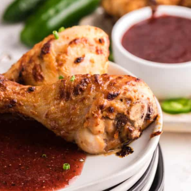 Air Fryer Honey Mustard Chicken Legs brushed with glaze ready to cook.