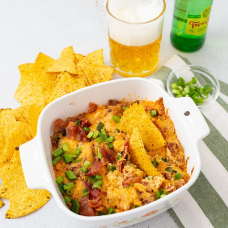 Serving suggestion of Air Fryer Jalapeno Popper Dip alongside tortilla chips or crackers.