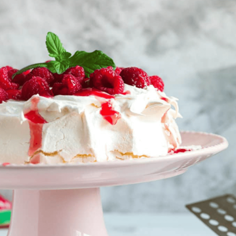 side view: air fryer pavlova on a pink cake stand topped with whipped cream, fresh berries, and mint