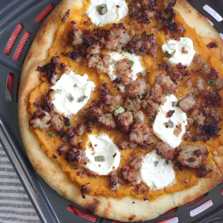 Air Fryer Savory Pumpkin Ricotta Pizza with a crispy crust, creamy ricotta, savory pumpkin, sausage, and fresh herbs, cooked to perfection in the air fryer.