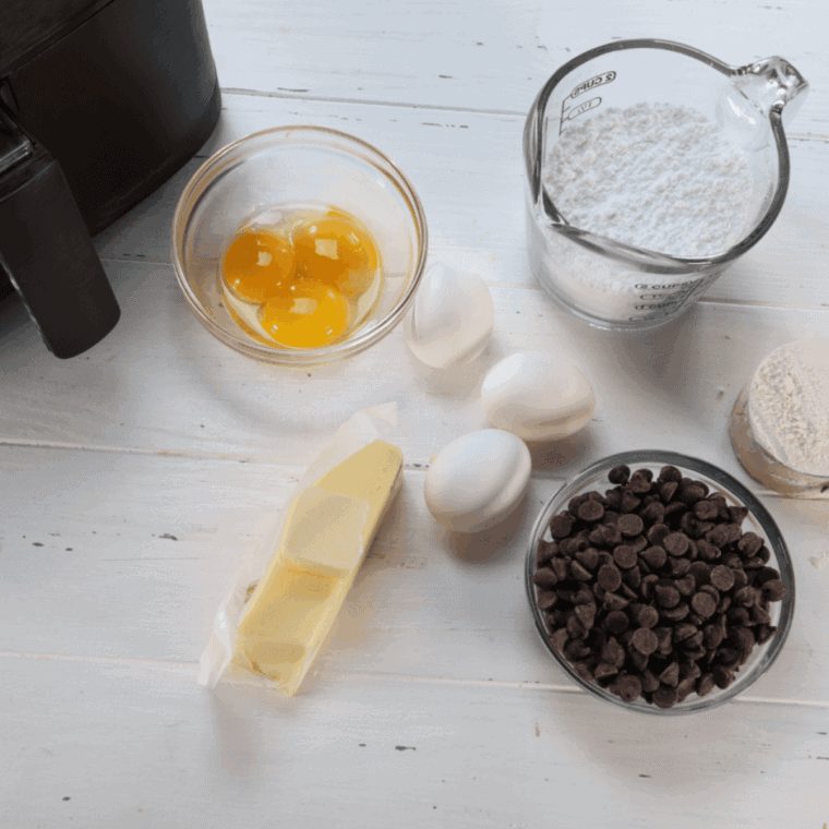 Ingredients needed for Air Fryer Chocolate Chip Bundt Pound Cake on kitchen table.