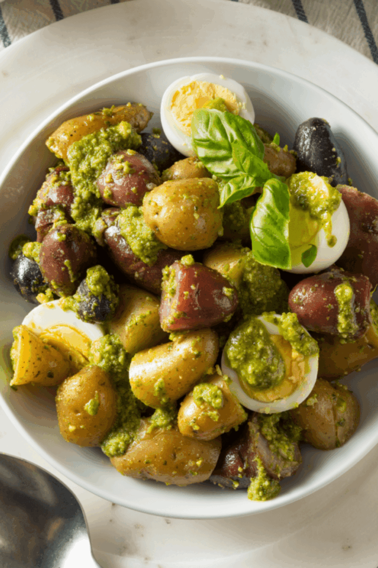 Golden air fryer potatoes coated in vibrant green pesto, crispy on the outside, tender inside, served on a plate.
