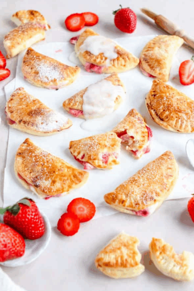 Golden, flaky air fryer strawberry hand pies filled with sweet fresh strawberries, served on a plate.