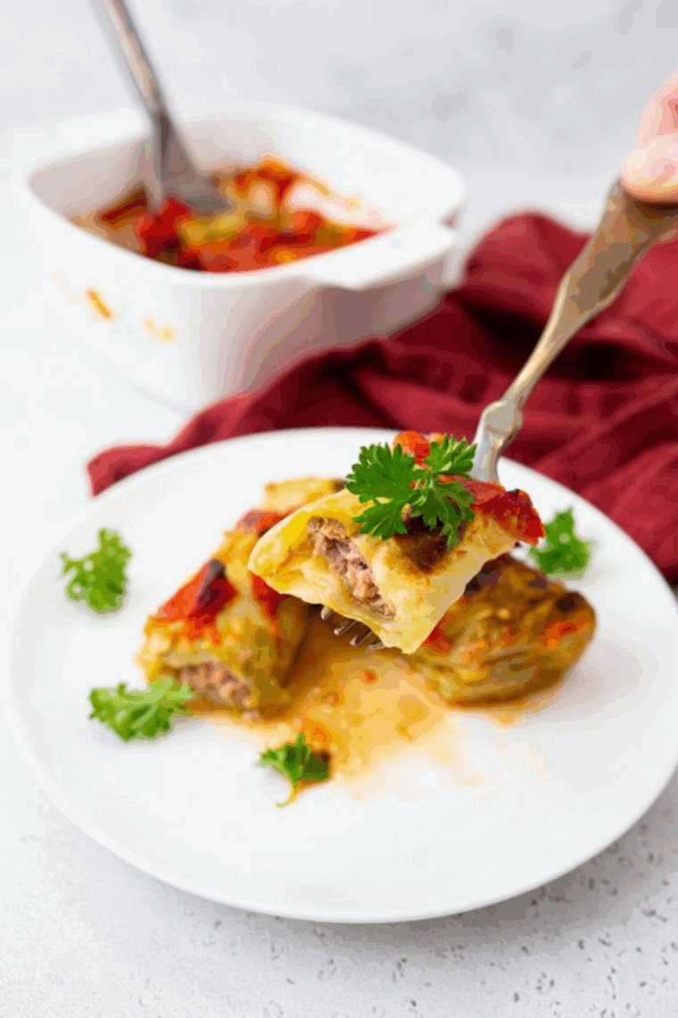 Air fryer stuffed cabbage rolls on a plate, garnished with tomato sauce and fresh herbs.