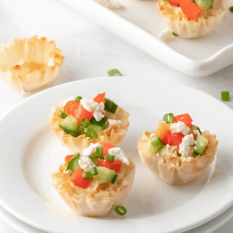 Greek hummus phyllo bites with crispy phyllo cups, hummus, diced cucumber, red bell pepper, and crumbled feta on a platter