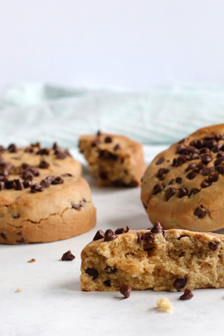 Close-up of Air Fryer Copycat Chick-fil-A Cookies with gooey chocolate chunks and a soft, golden-brown texture.