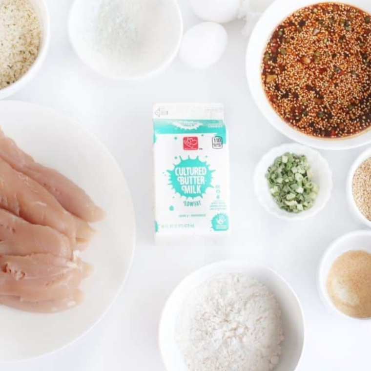 Ingredients needed for Air Fryer Korean Sticky Chicken Fingers on kitchen table.