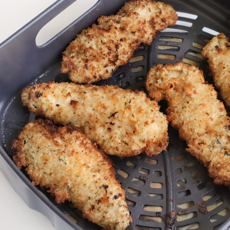 "Crispy Air Fryer Korean Sticky Chicken Fingers with a glossy glaze"