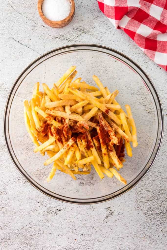 overhead: a bowl of checkers fries with extra seasoning on top