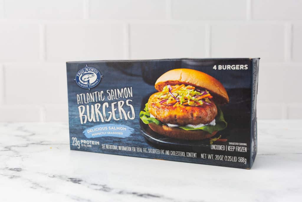 Package of Frozen Salmon Burgers on Counter