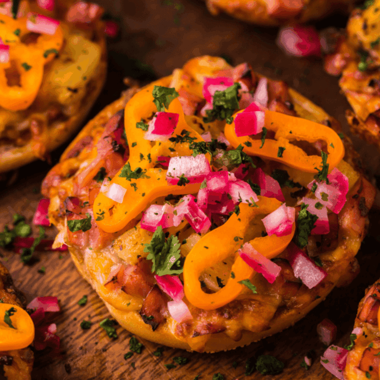 Gluten-free pizza bagels cooked in the air fryer, topped with melted cheese and fresh pizza toppings.