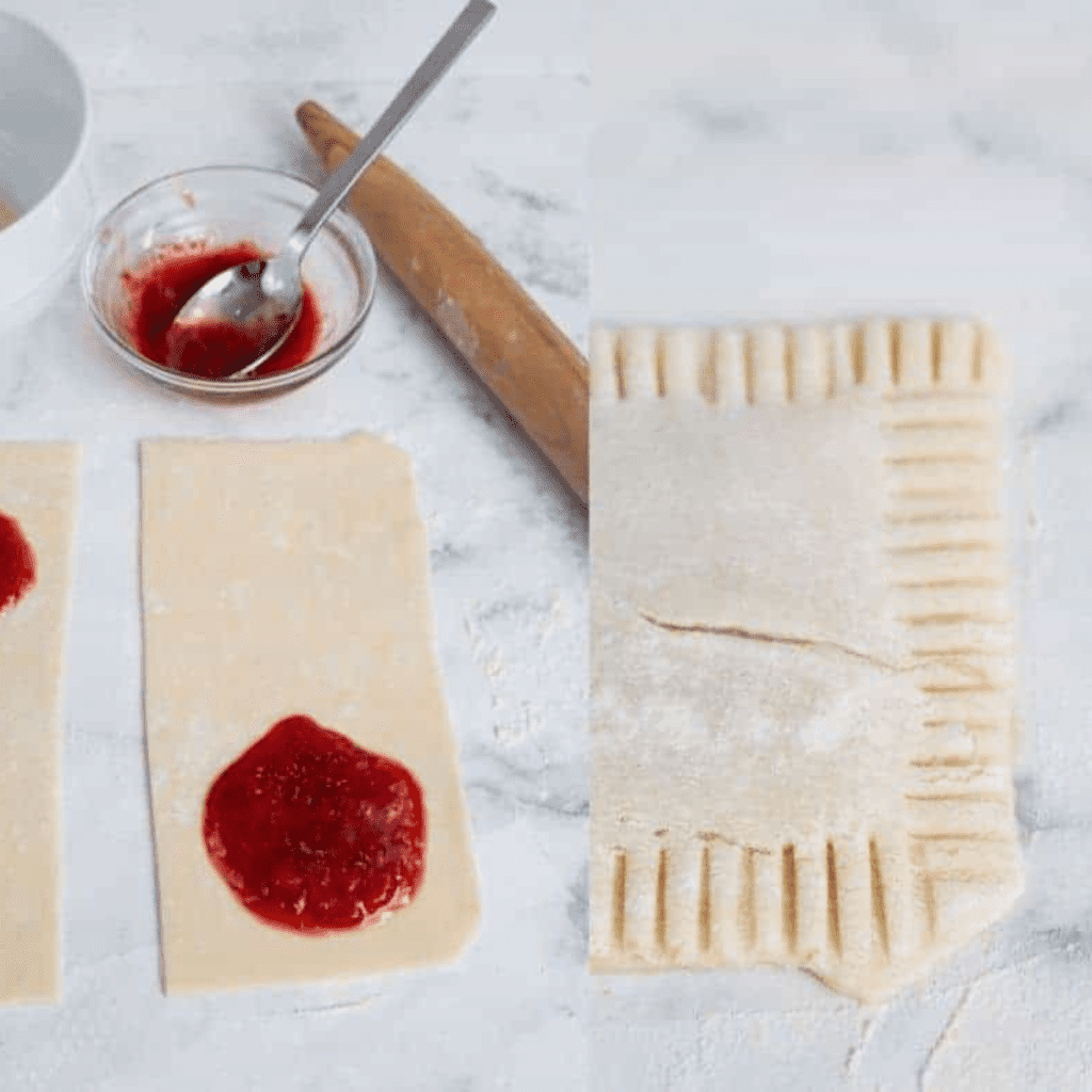 The image is cut into 2 down the middle. On the left side, there are 2 rectangles of pastry sitting on a white marble counter, with a blob of jam at one end. There small glass jar containing the preserve is on the counter with a teaspoon inside it.
On the right side, there is another rectangle piece of pastry with the design of imprinted lines around the perimeter.