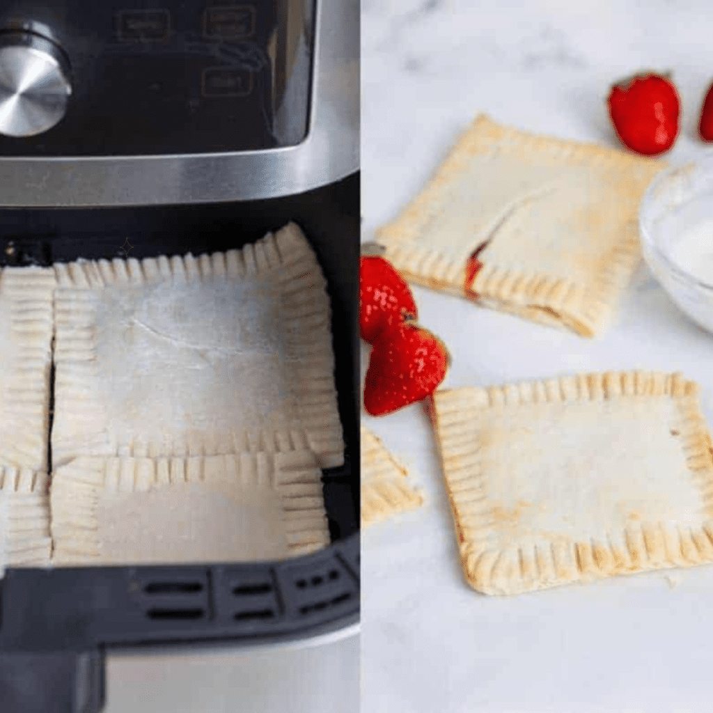 On the left hand side: 4 uncooked homemade pop tarts are sitting in the air fryer basket about to be cooked.
Right hand side: 2 crispy cooked pop tarts sitting on a white counter with some loose strawberries next to them.