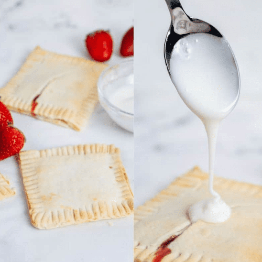On the left hand side: 2 crispy cooked pop tarts sitting on a white counter with some loose strawberries next to them.
Right hand side: A teaspoon with is drizzling white icing all over the top of a cooked pop tart.