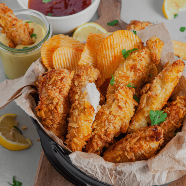 Air Fryer Potato Crusted Chicken with a crispy golden potato chip coating, served on a plate with dipping sauce