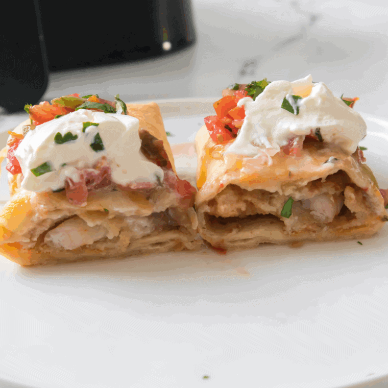 Golden, crispy Air Fryer Shrimp Chimichangas, filled with seasoned shrimp and ready to serve with your favorite dipping sauce.
