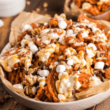 Delicious Air Fryer Sweet Potato Nachos topped with cheese, marshmallows, and yummy goodness.