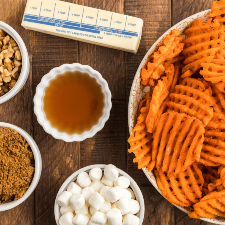 Ingredients needed for Air Fryer Sweet Potato Nachos  on a wooden table.