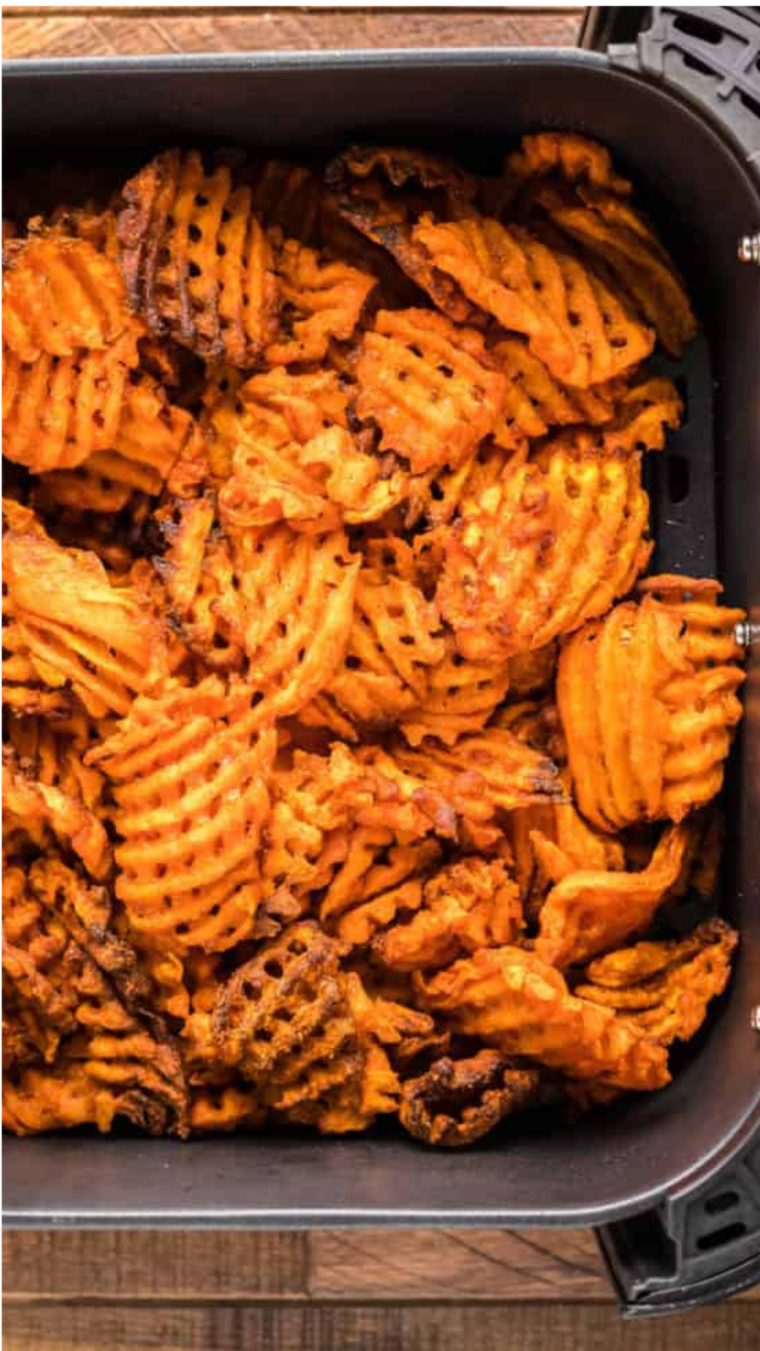 Sweet Potato Nachos in the air fryer baasket.