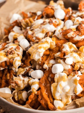 Plate of gooey sweet potato nachos in air fryer