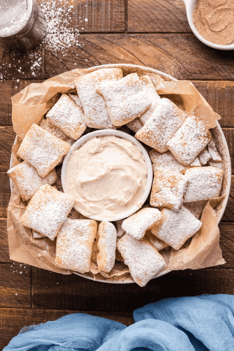 Overhead view of glossy vanilla sweet glaze dipping sauce in a bowl