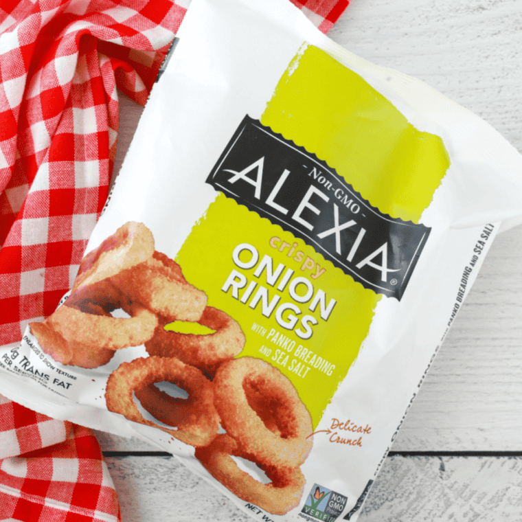 Ingredients needed for Alexia Onion Rings Air Fryer Recipe on kitchen table.