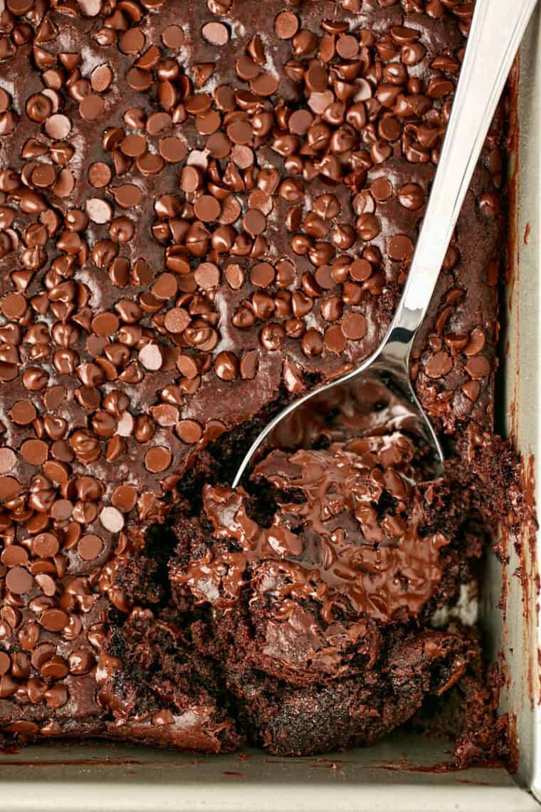 Warm air fryer chocolate dump cake with melting whipped cream on a white plate