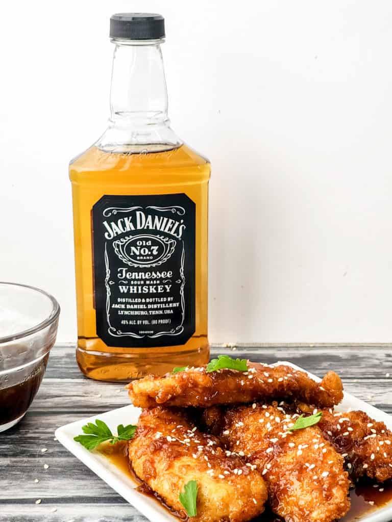 Jack Daniel's Chicken Strips on Plate, after being air fried and coated with sauce