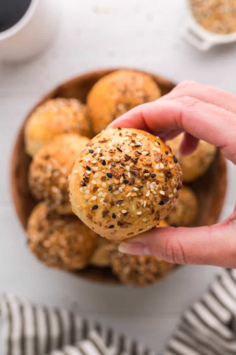 Close-up of 2-ingredient bagel bites showing their airy texture and deliciously browned surface