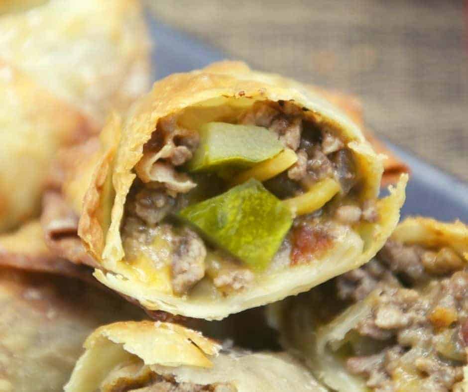 close up: inside of a cheeseburger egg roll
